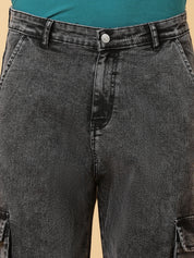 Men's Grey Cargo Jeans Multi Pocket Casual Denim