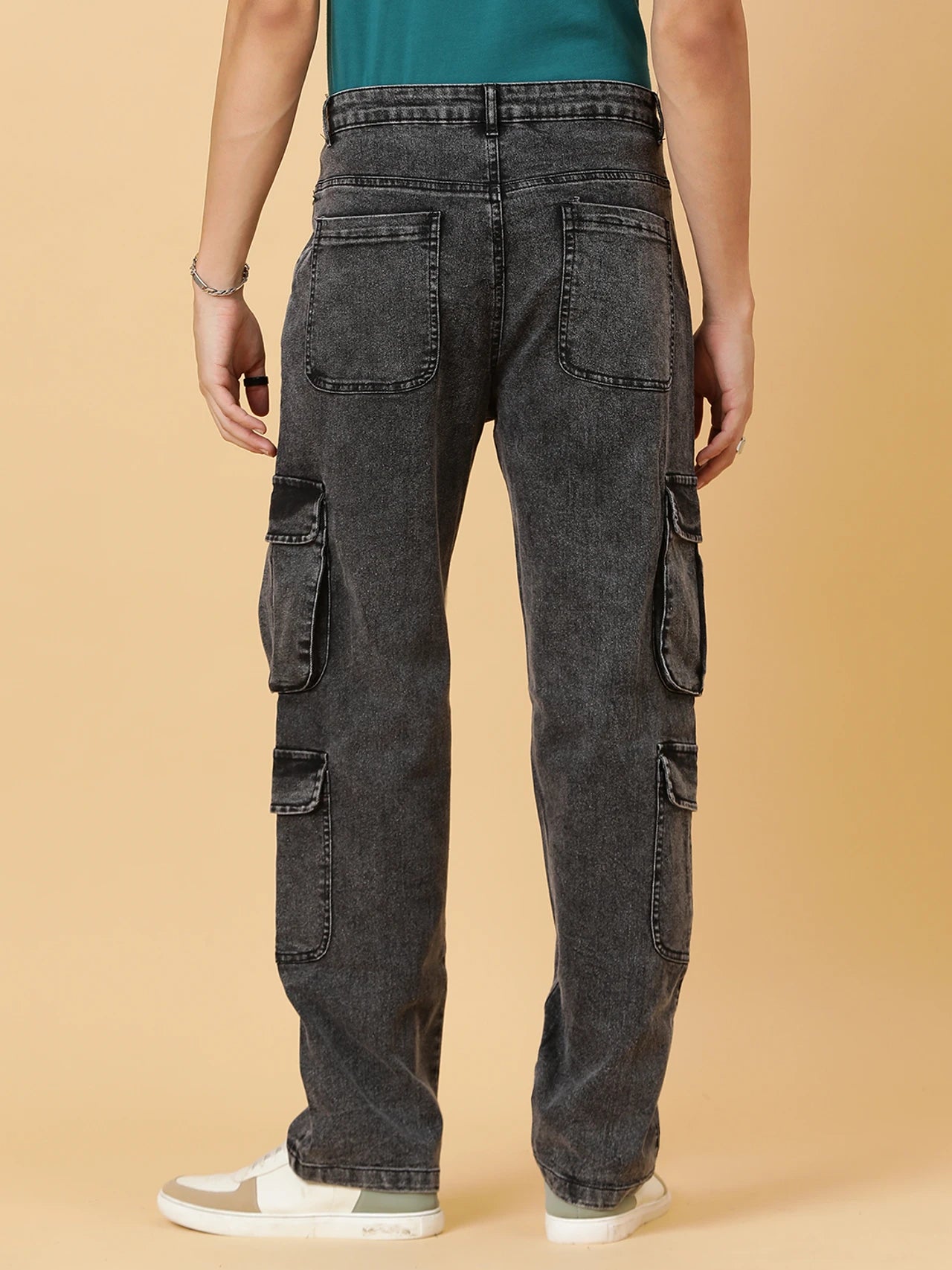 Men's Grey Cargo Jeans Multi Pocket Casual Denim