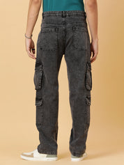 Men's Grey Cargo Jeans Multi Pocket Casual Denim