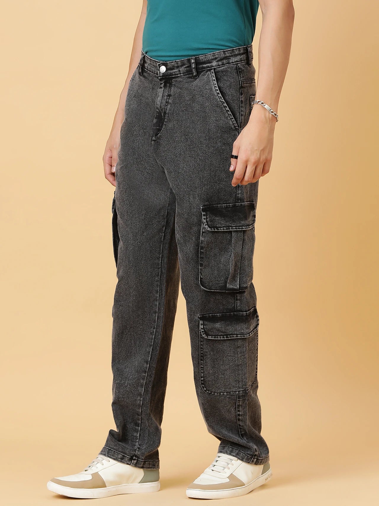 Men's Grey Cargo Jeans Multi Pocket Casual Denim