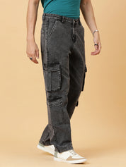 Men's Grey Cargo Jeans Multi Pocket Casual Denim