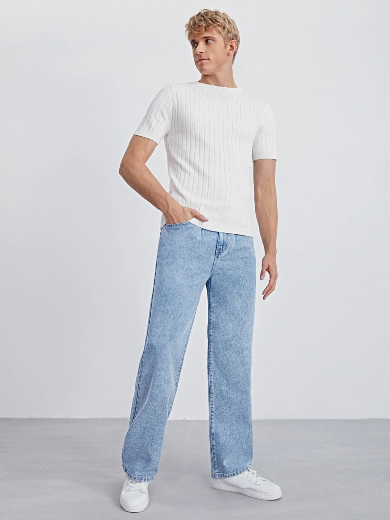 Men's Light Blue Wide Leg Denim Jeans Casual