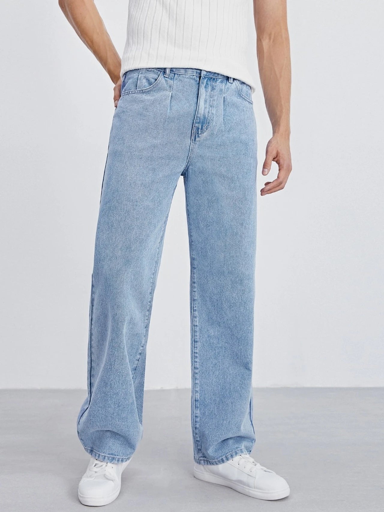 Men's Light Blue Wide Leg Denim Jeans Casual