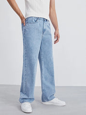 Men's Light Blue Wide Leg Denim Jeans Casual