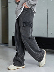 Men's Grey Washed Baggy Cargo Wide Leg Jeans