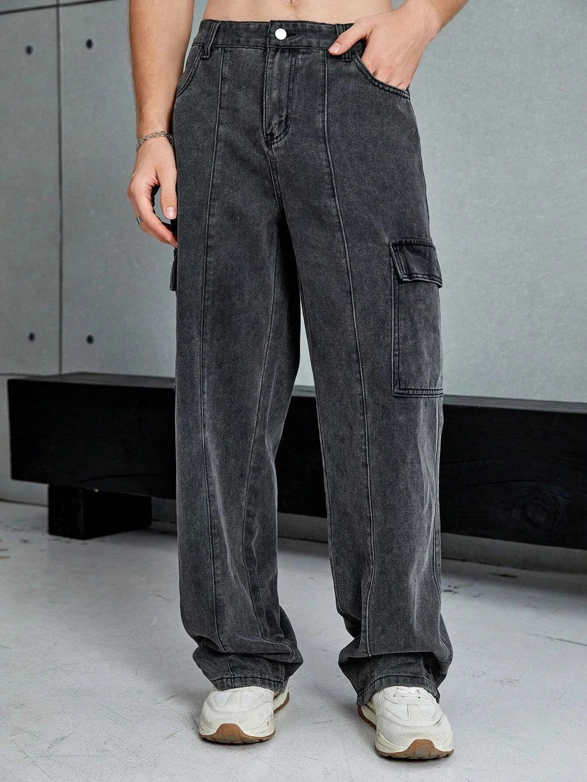 Men's Grey Washed Baggy Cargo Wide Leg Jeans