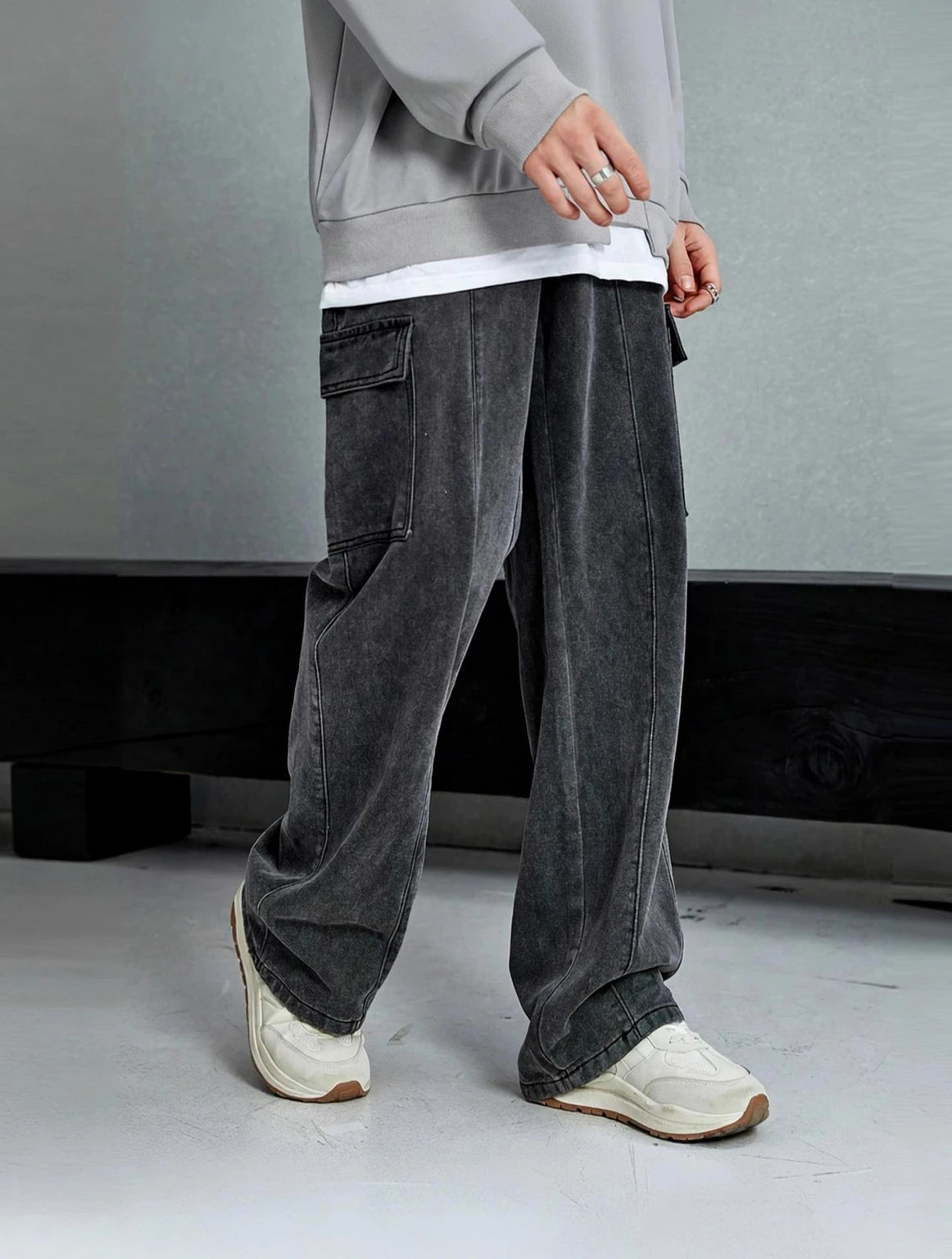 Men's Grey Washed Baggy Cargo Wide Leg Jeans