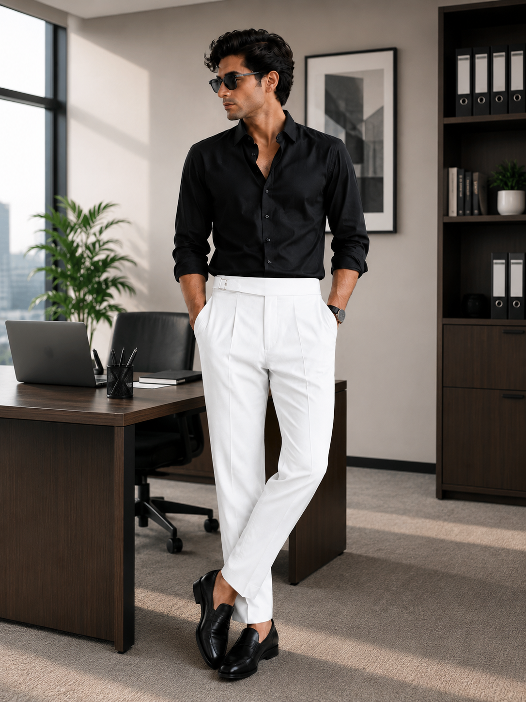 Men's White Pleated Dress Trousers