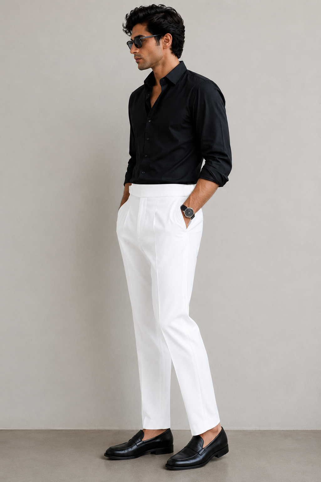 Men's White Pleated Dress Trousers