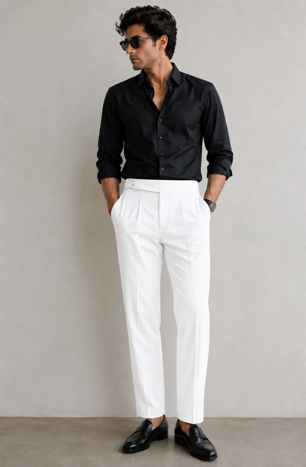 Men's White Pleated Dress Trousers