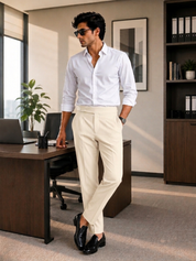 Men's Beige Pleated Formal Trousers