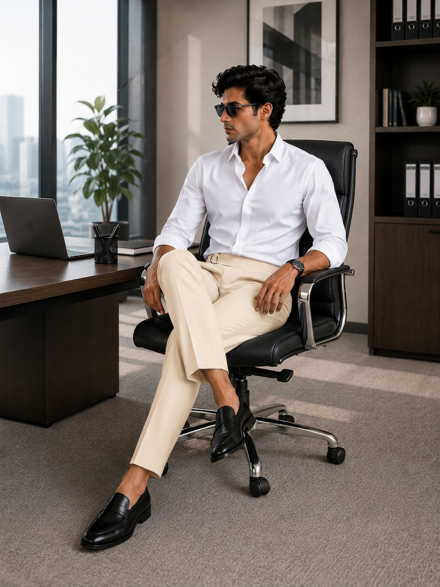 Men's Beige Pleated Formal Trousers
