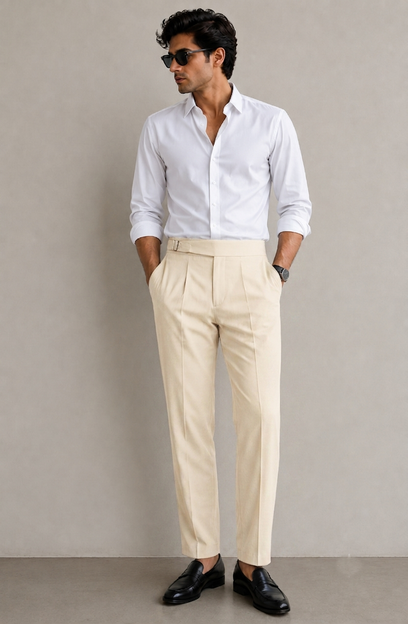 Men's Beige Pleated Formal Trousers