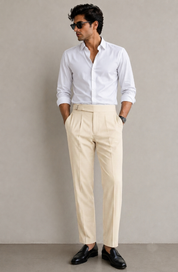 Men's Beige Pleated Formal Trousers