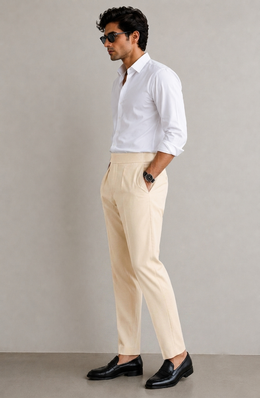 Men's Beige Pleated Formal Trousers