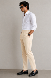 Men's Beige Pleated Formal Trousers