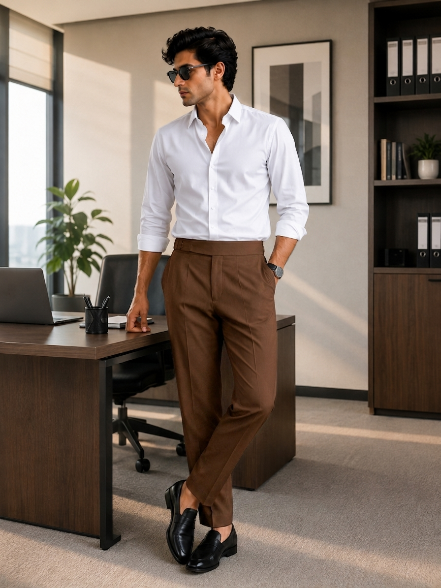 Men's Brown Pleated Formal Trousers
