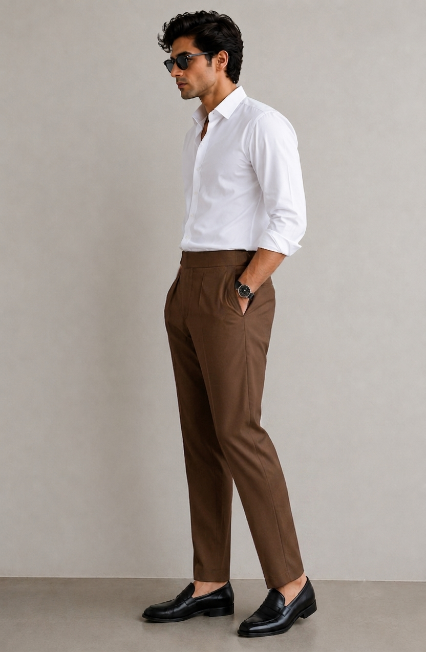 Men's Brown Pleated Formal Trousers