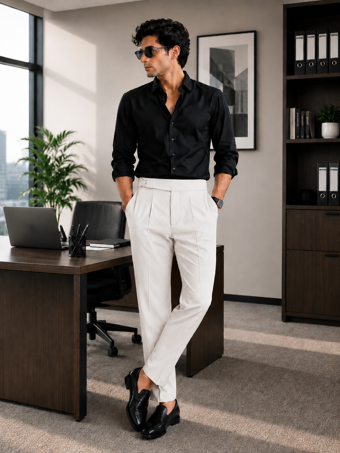 Men's Off White Pleated Dress Trousers