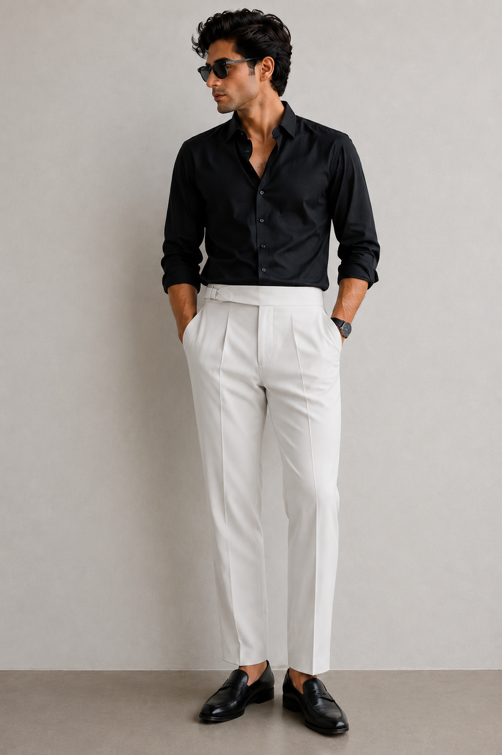 Men's Off White Pleated Dress Trousers