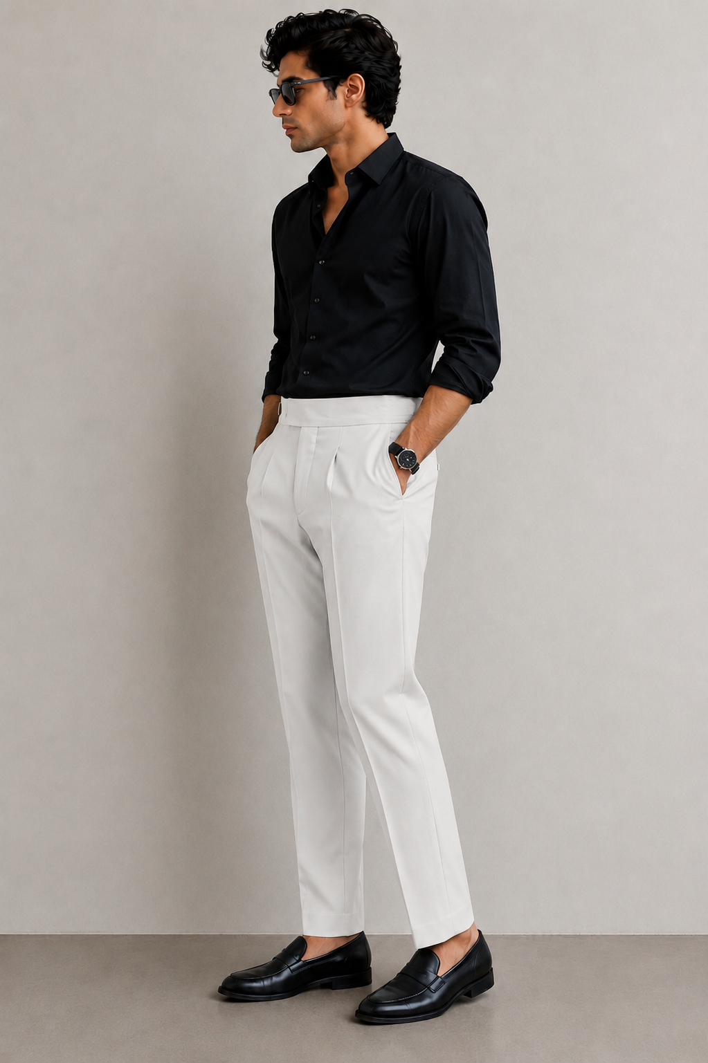 Men's Off White Pleated Dress Trousers