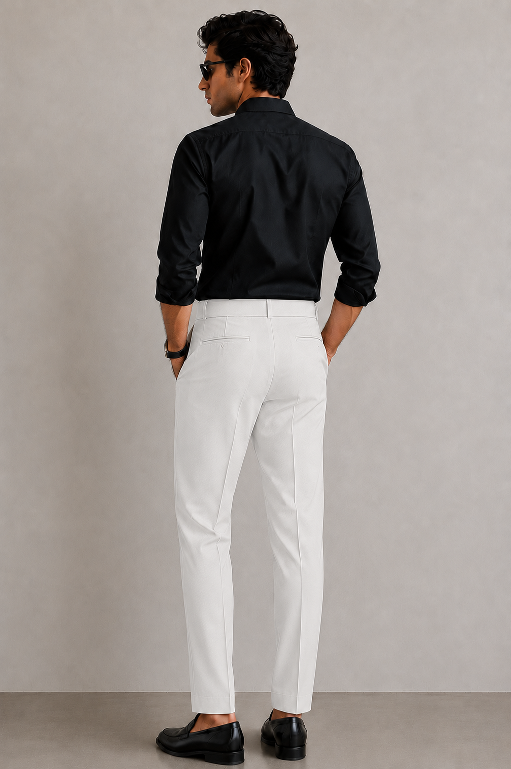 Men's Off White Pleated Dress Trousers