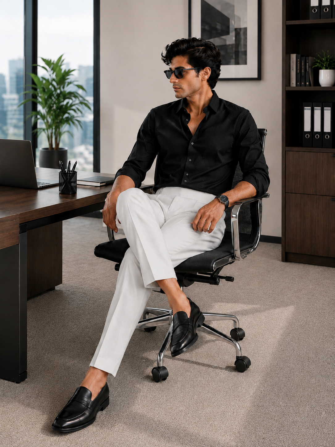 Men's Off White Pleated Dress Trousers