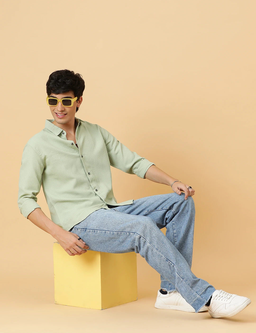 KOTTY Men Self Design Casual Green Shirt 