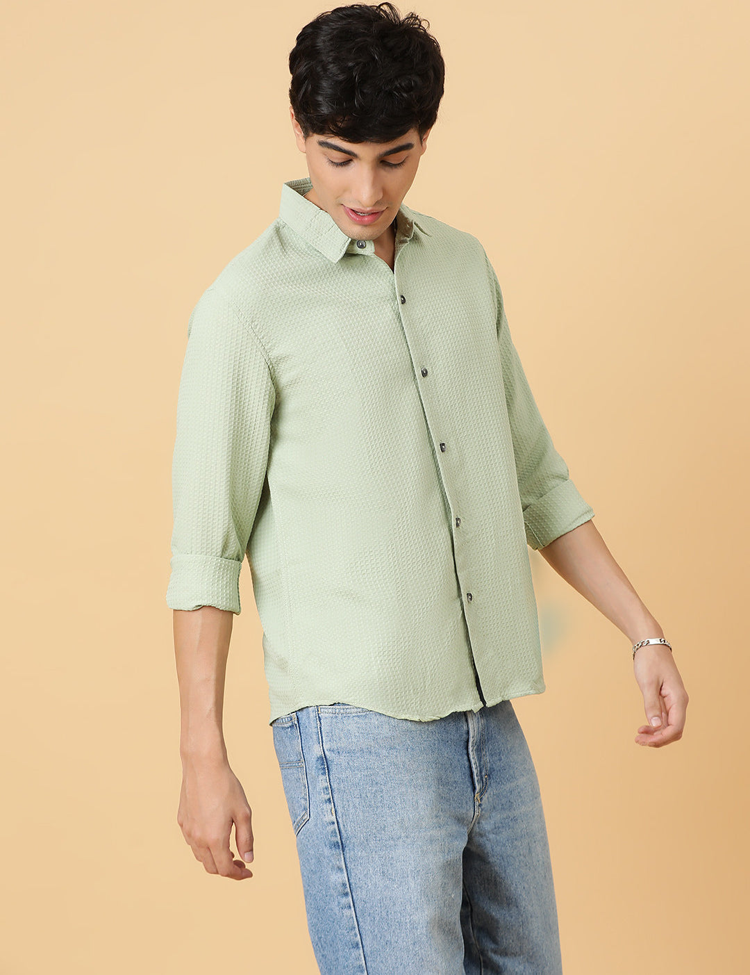 KOTTY Men Self Design Casual Green Shirt 