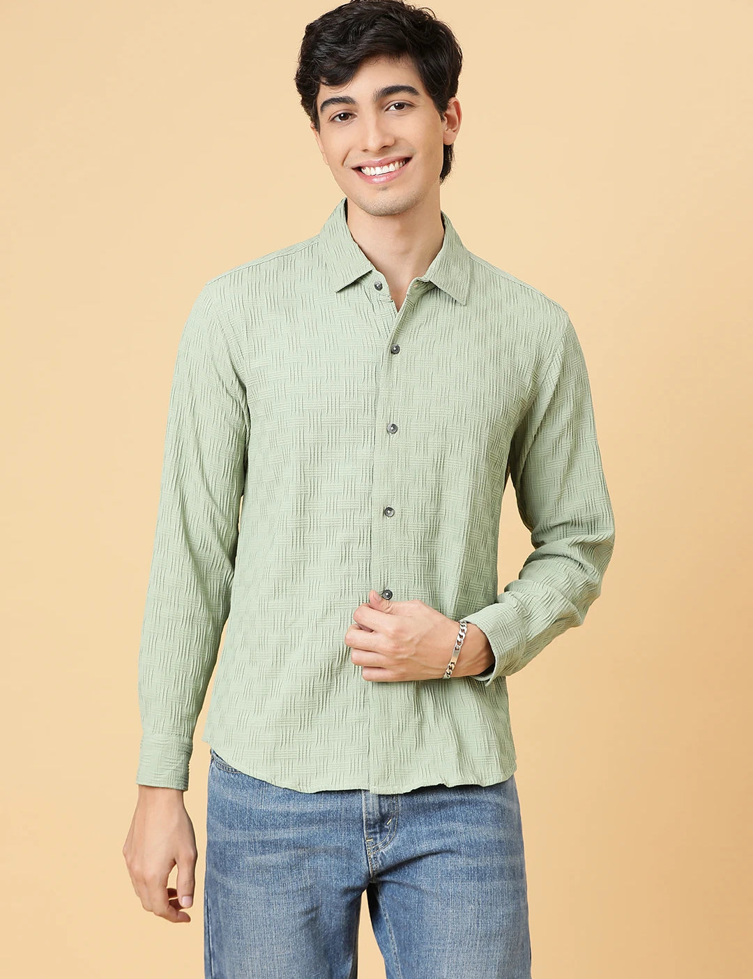 KOTTY Men Self Design Casual Green Shirt 