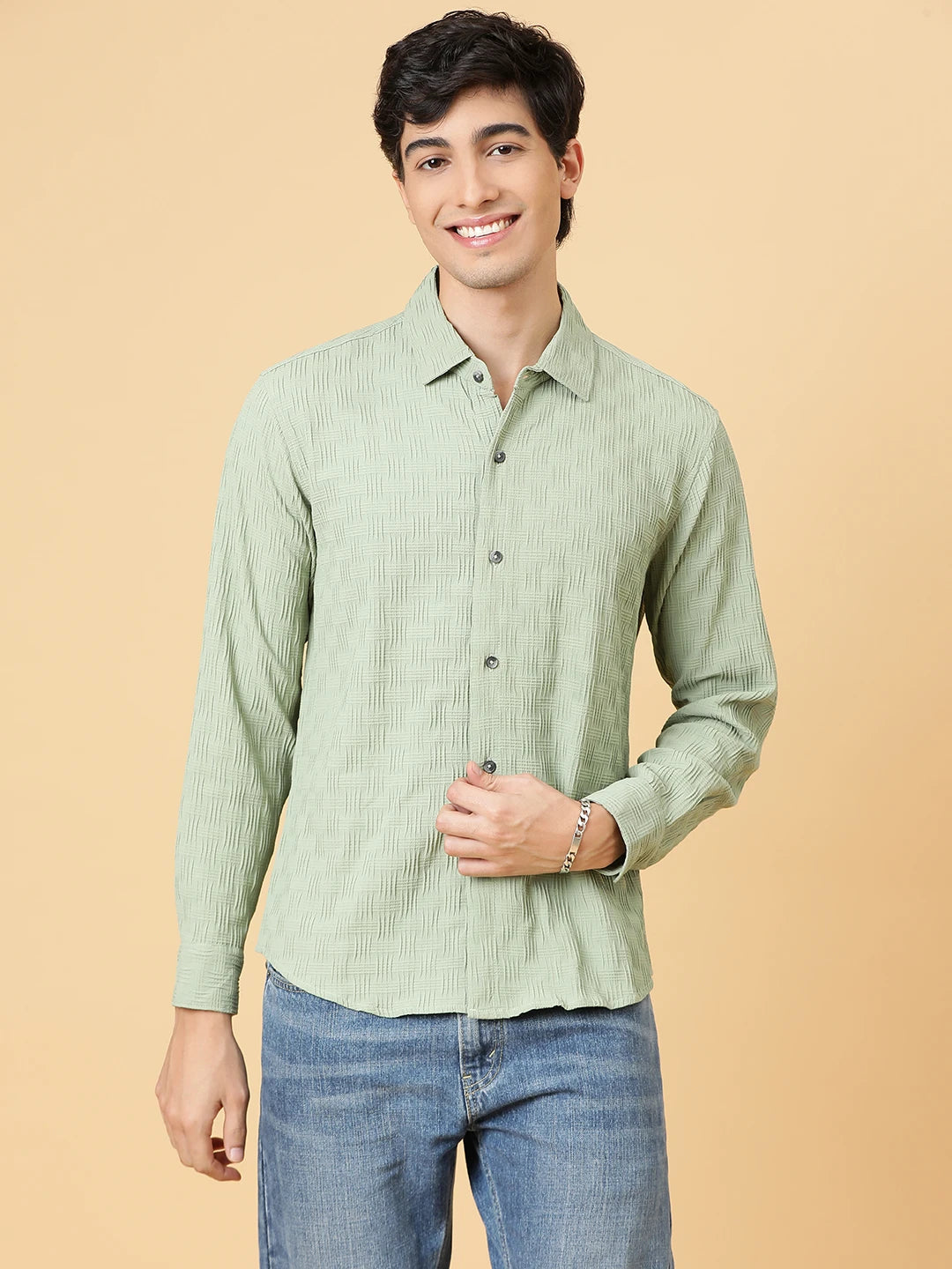 KOTTY Men Self Design Casual Green Shirt 