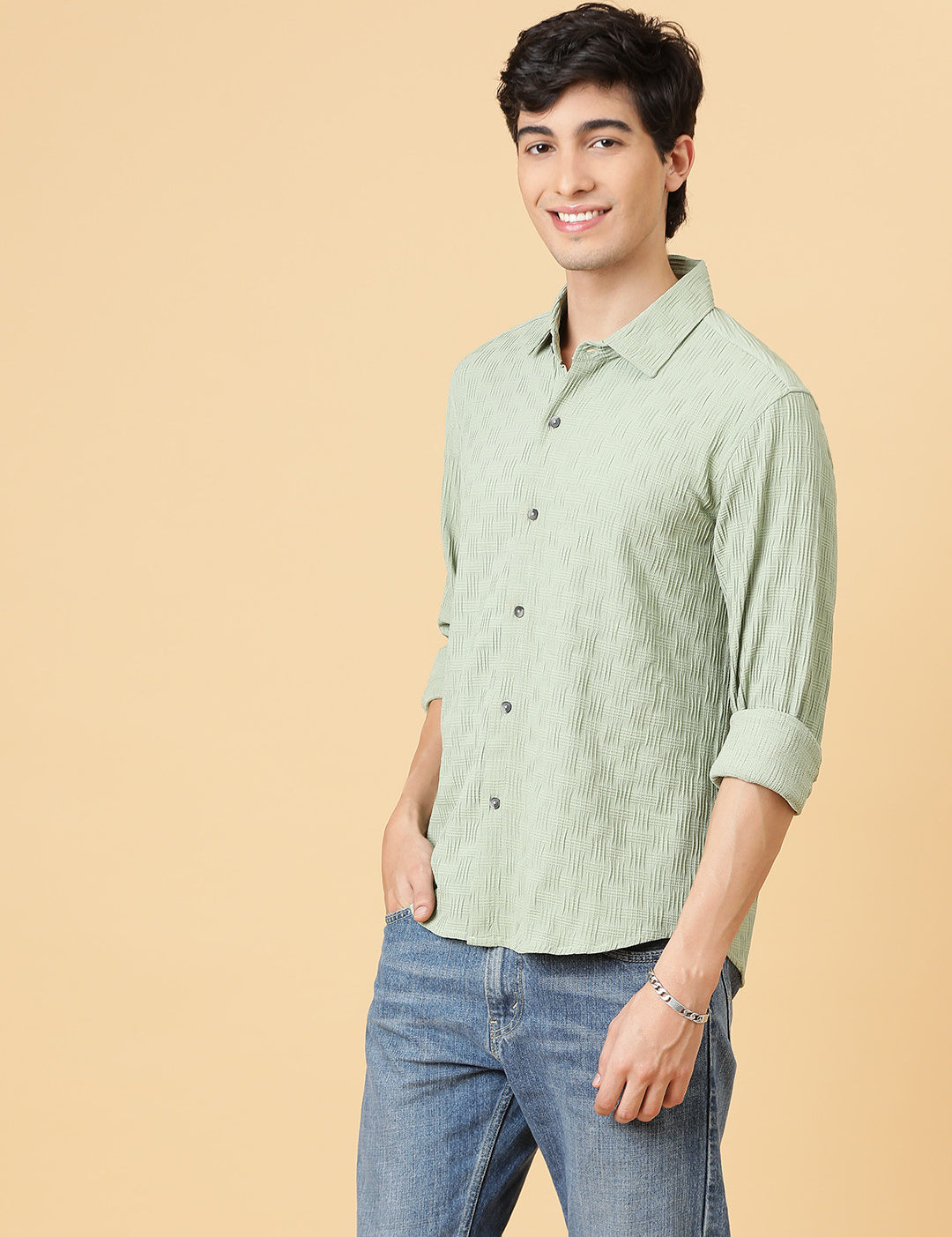 KOTTY Men Self Design Casual Green Shirt 
