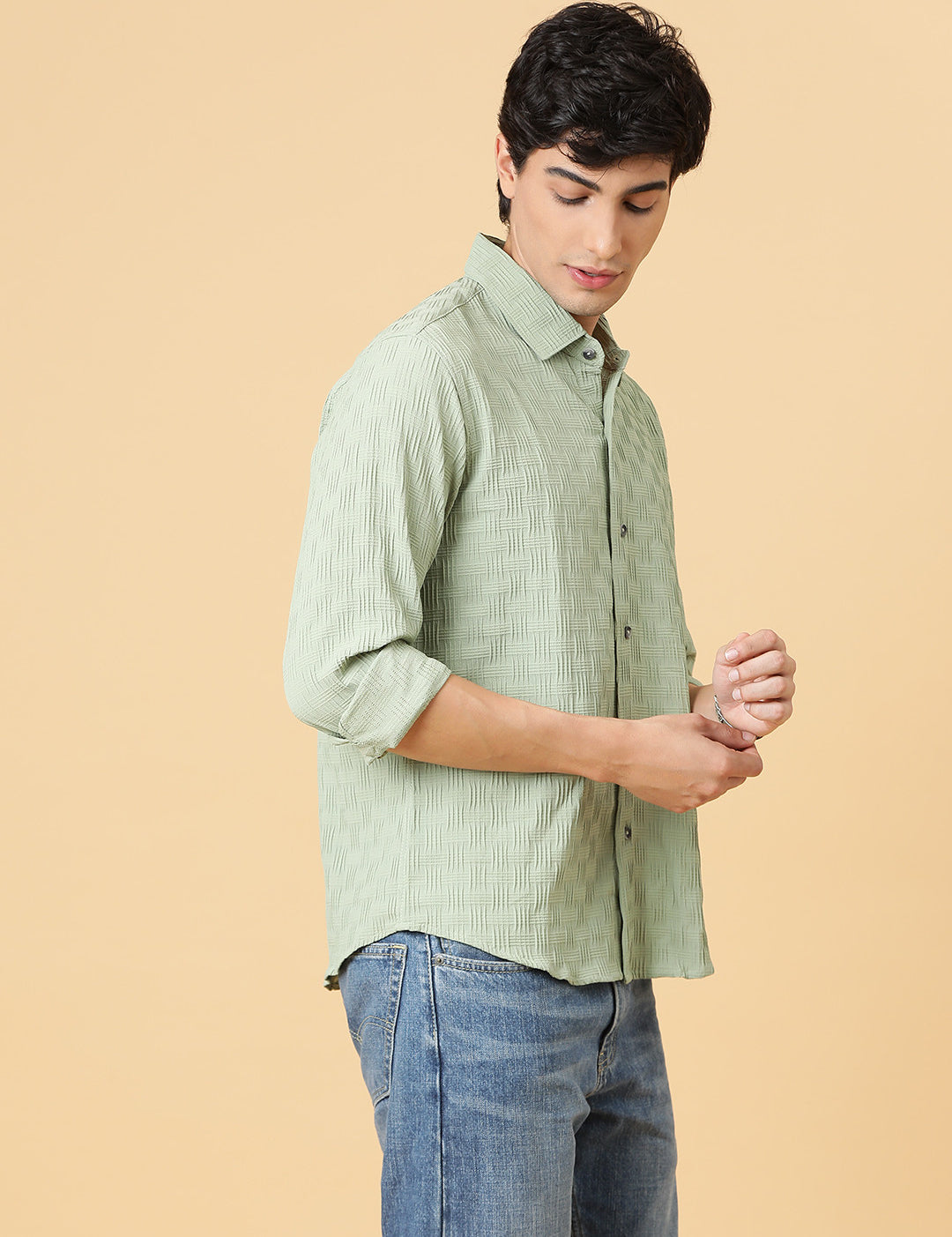 KOTTY Men Self Design Casual Green Shirt 