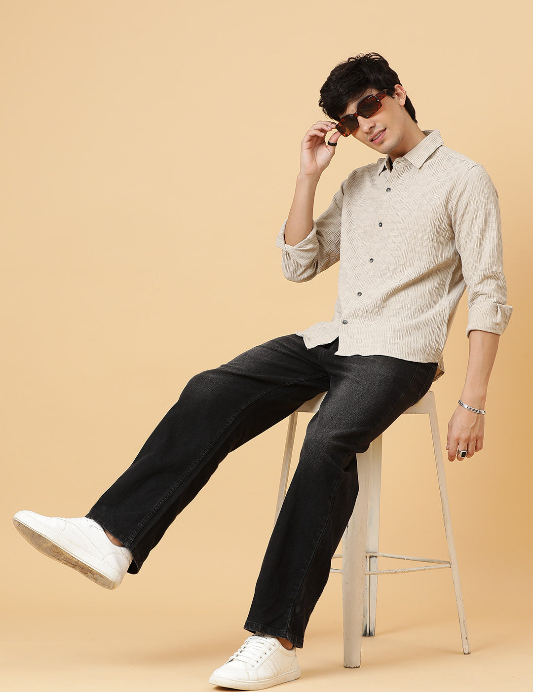 KOTTY Men Self Design Casual Beige Shirt 
