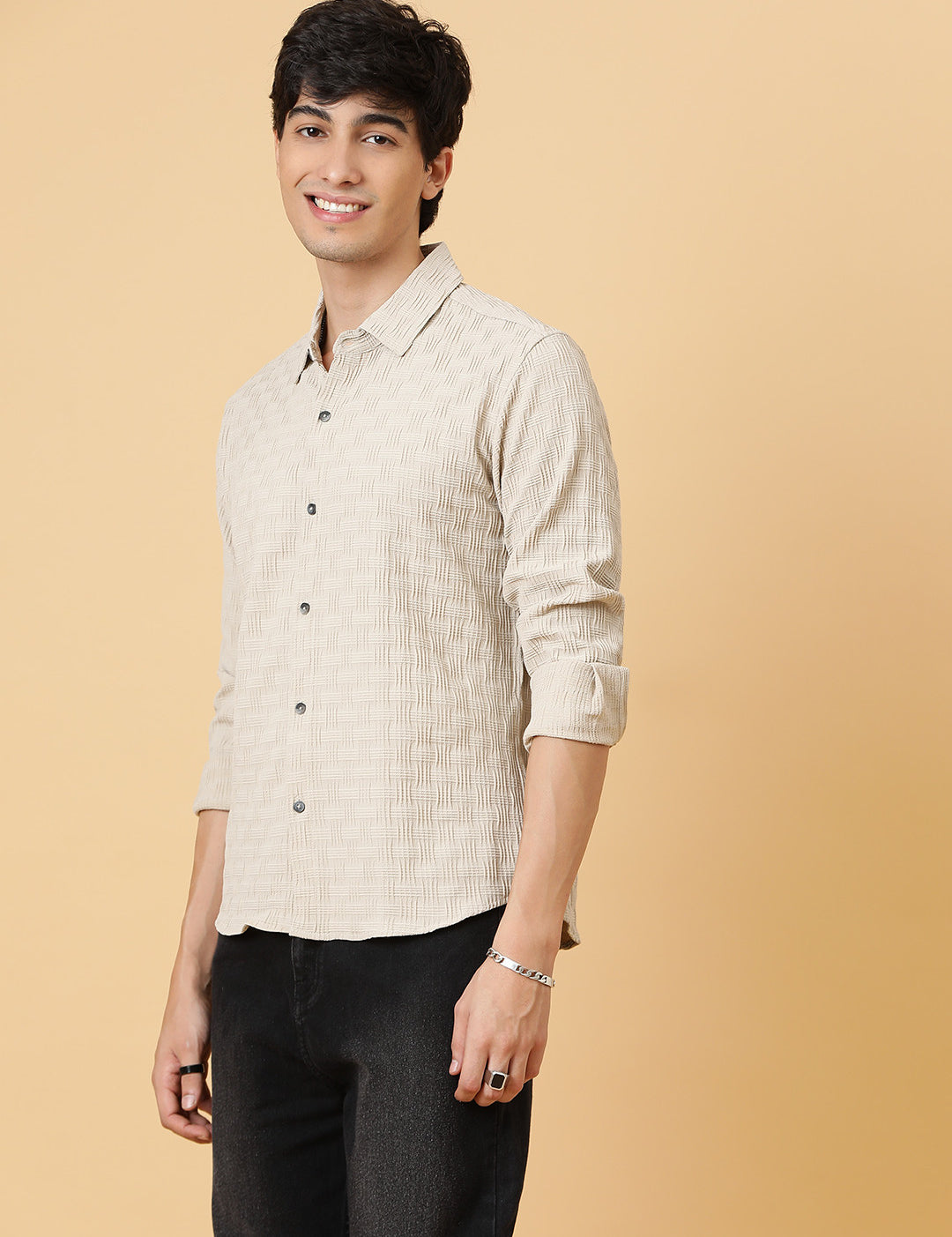 KOTTY Men Self Design Casual Beige Shirt 