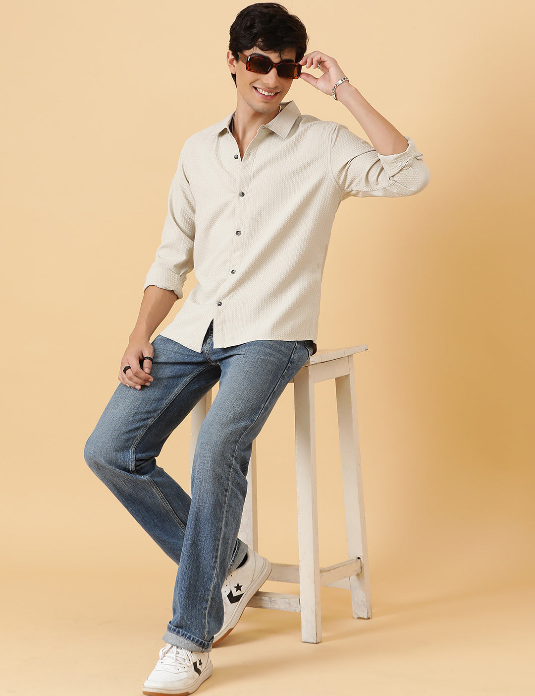 KOTTY Men Self Design Casual Beige Shirt 