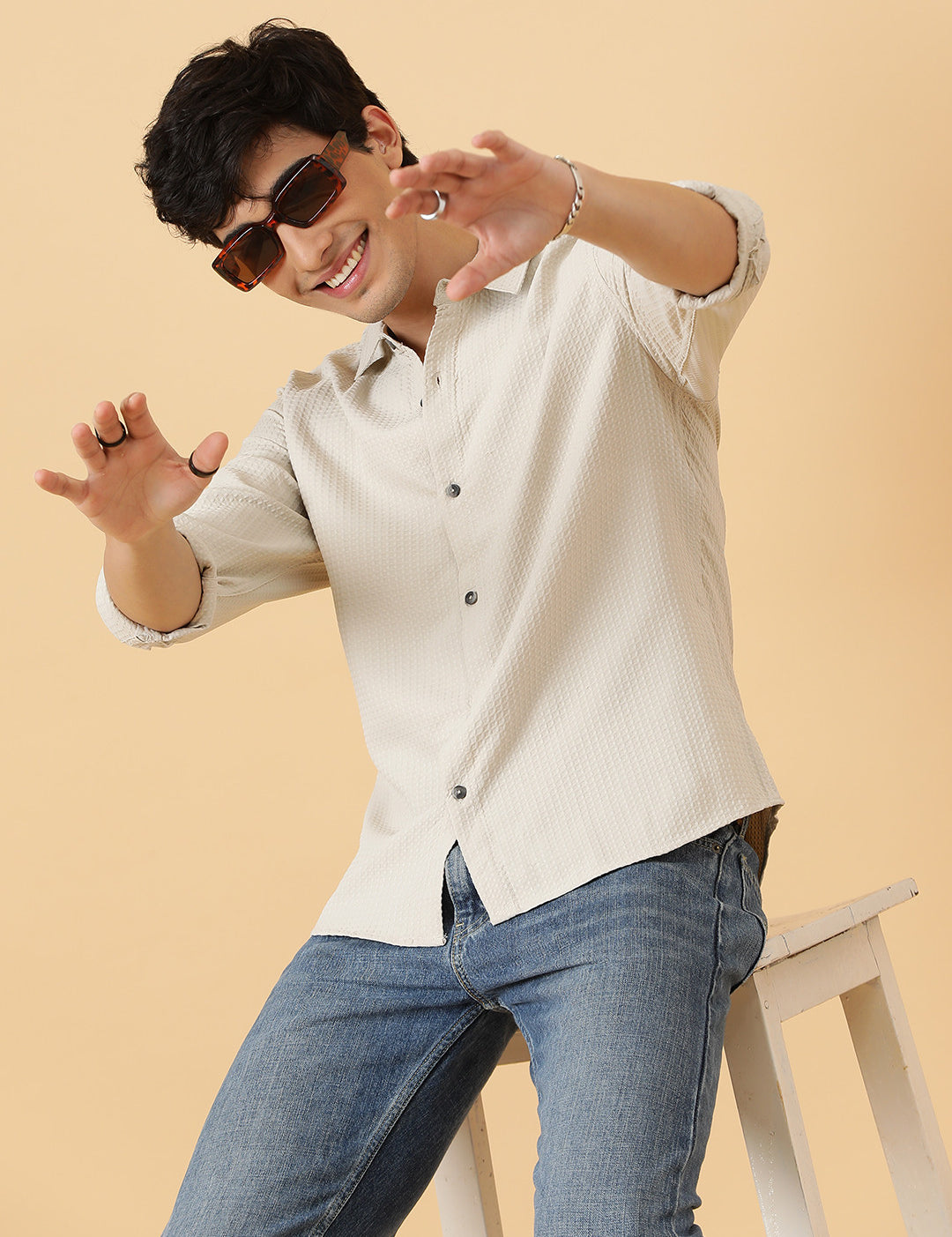 KOTTY Men Self Design Casual Beige Shirt 