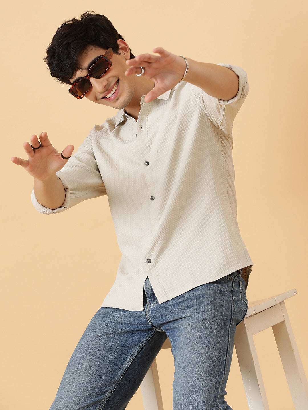 KOTTY Men Self Design Casual Beige Shirt 