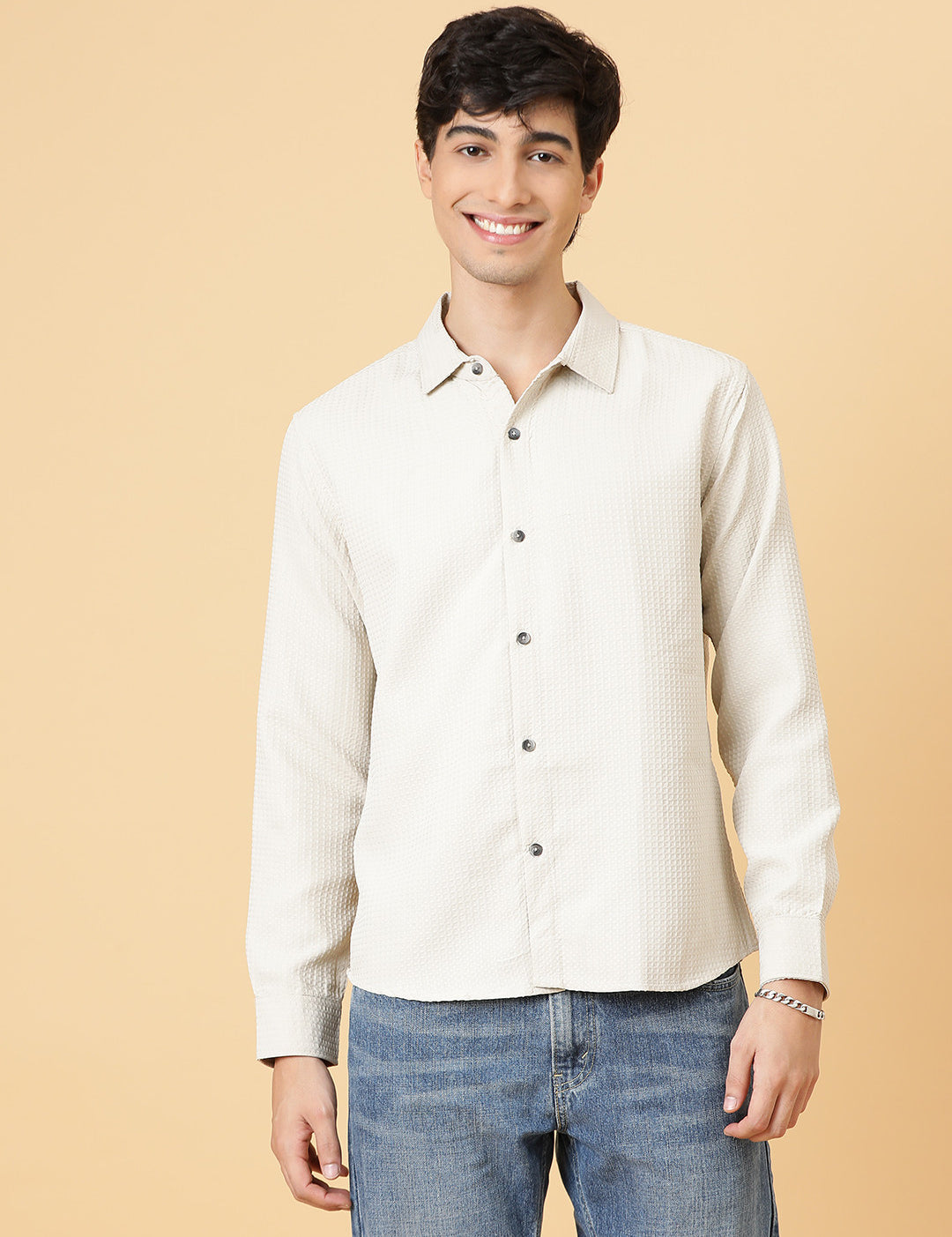 KOTTY Men Self Design Casual Beige Shirt 