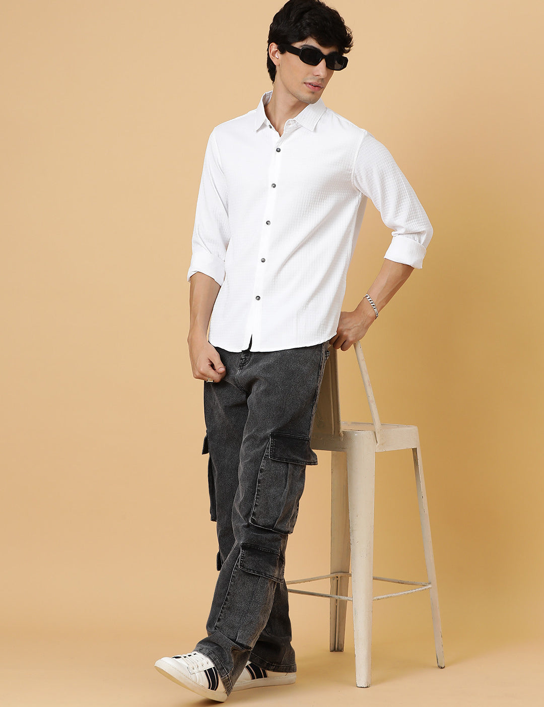 KOTTY Men Self Design Casual White Shirt 