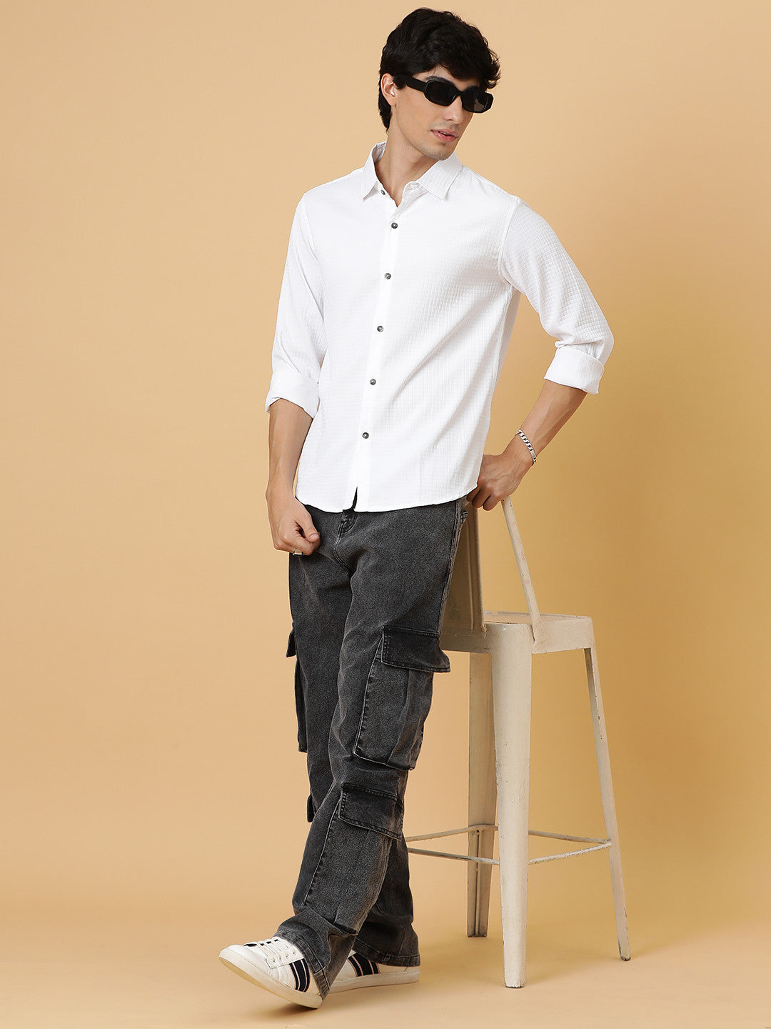 KOTTY Men Self Design Casual White Shirt 