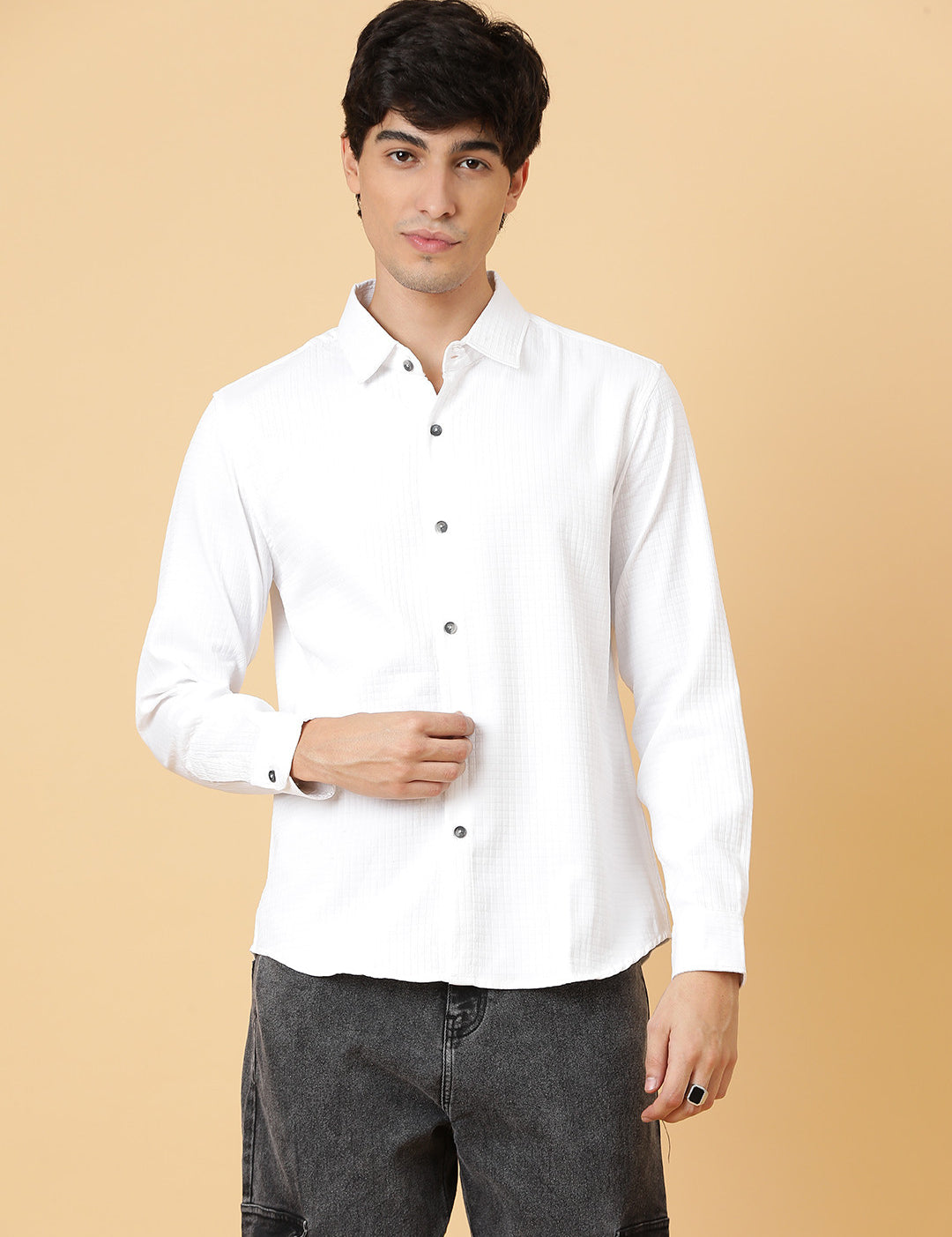 KOTTY Men Self Design Casual White Shirt 