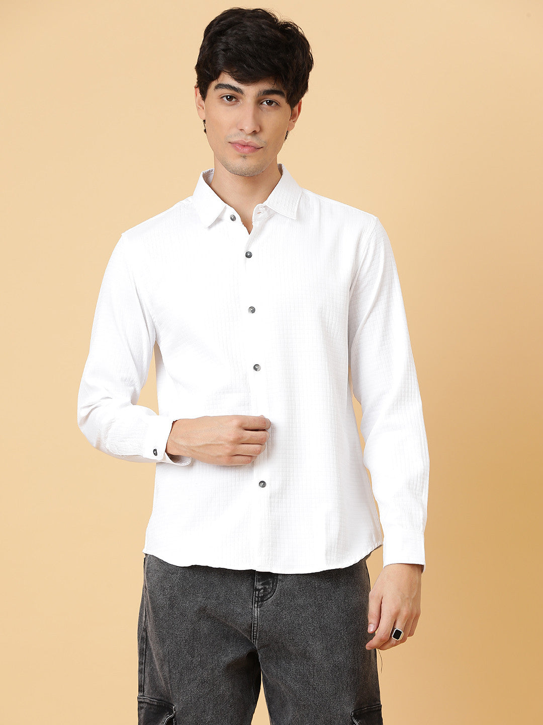 KOTTY Men Self Design Casual White Shirt 