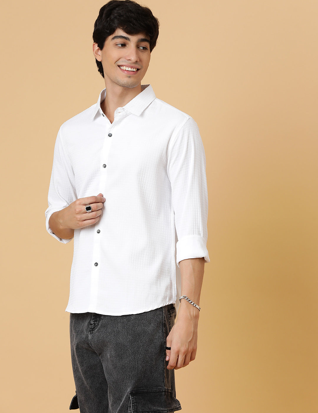 KOTTY Men Self Design Casual White Shirt 