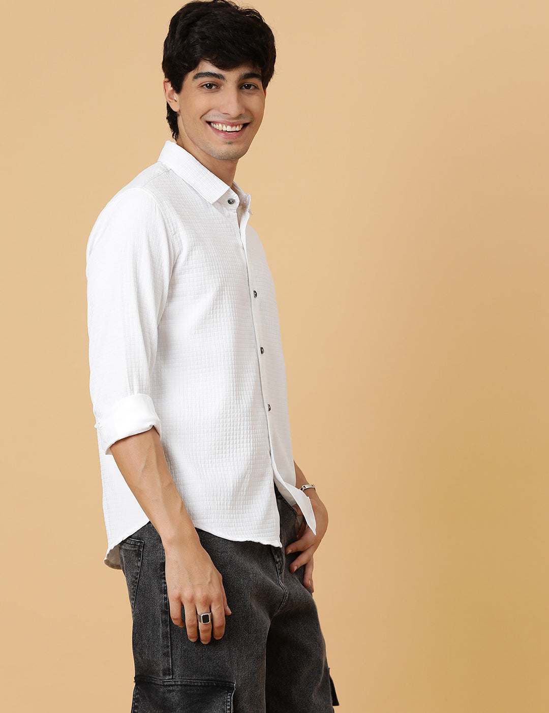 KOTTY Men Self Design Casual White Shirt 