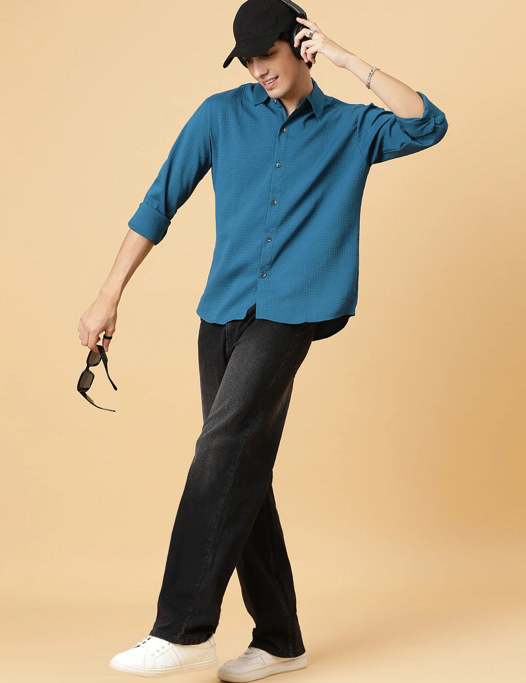 KOTTY Men Self Design Casual Blue Shirt 