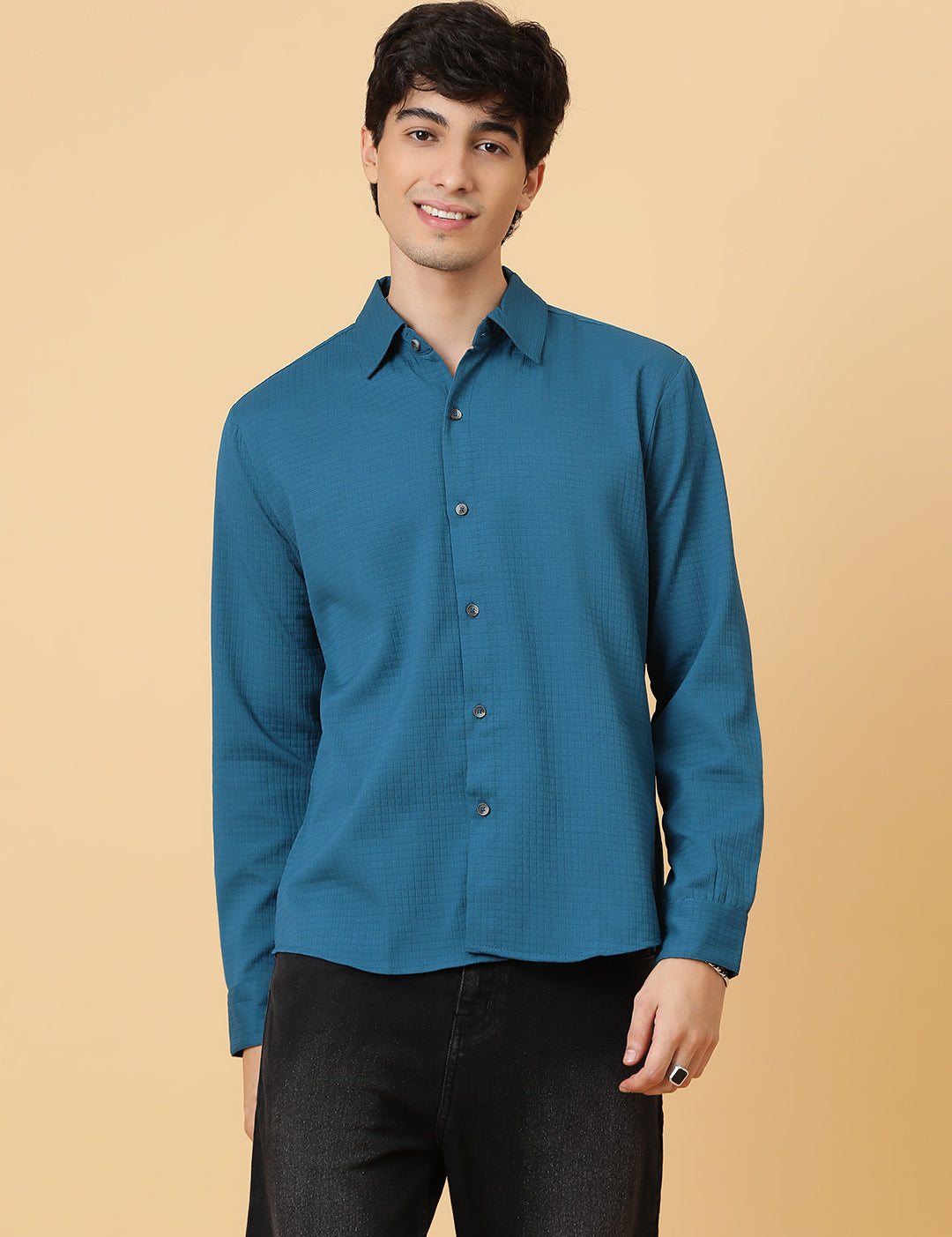 KOTTY Men Self Design Casual Blue Shirt 