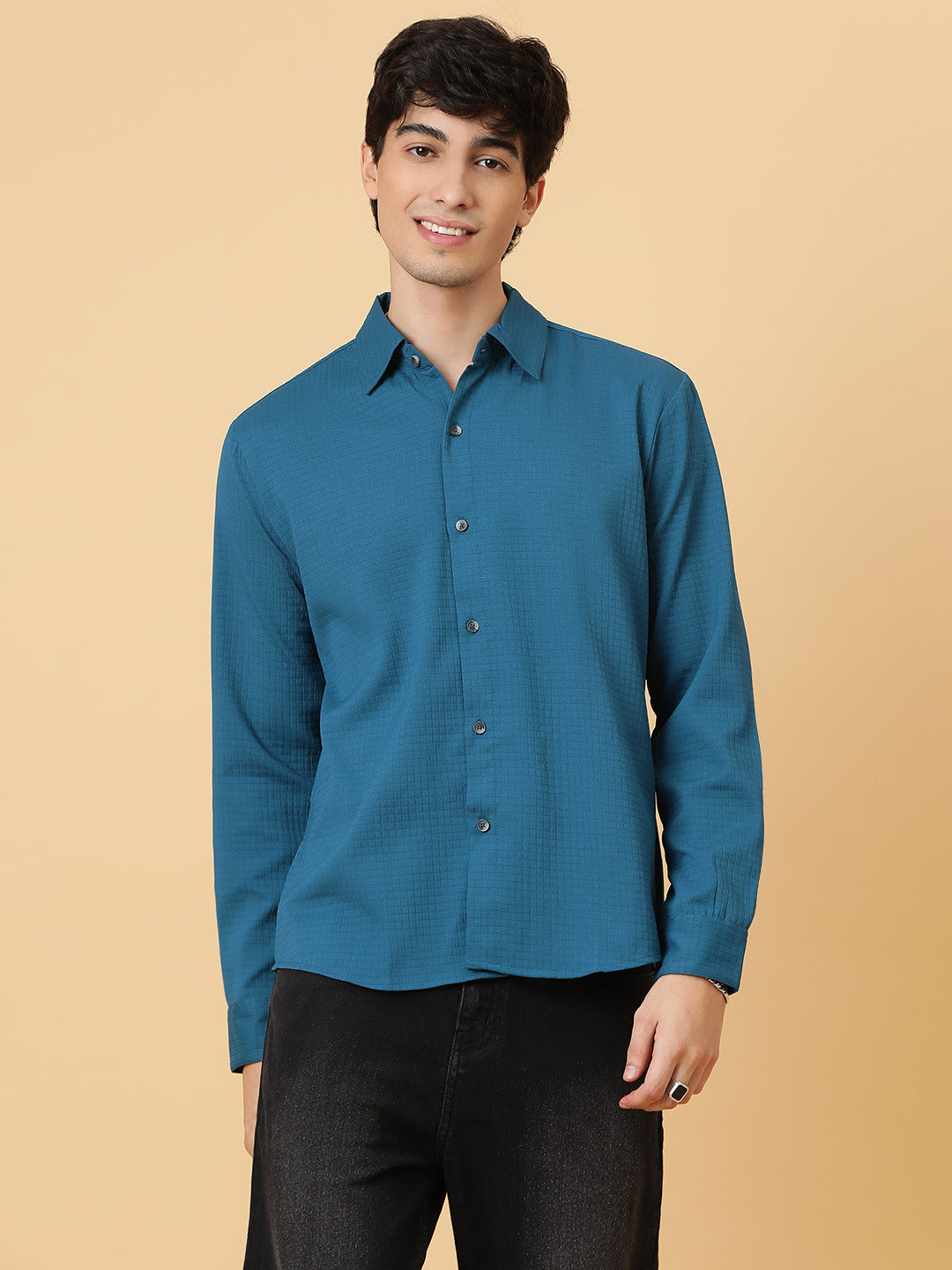 KOTTY Men Self Design Casual Blue Shirt 