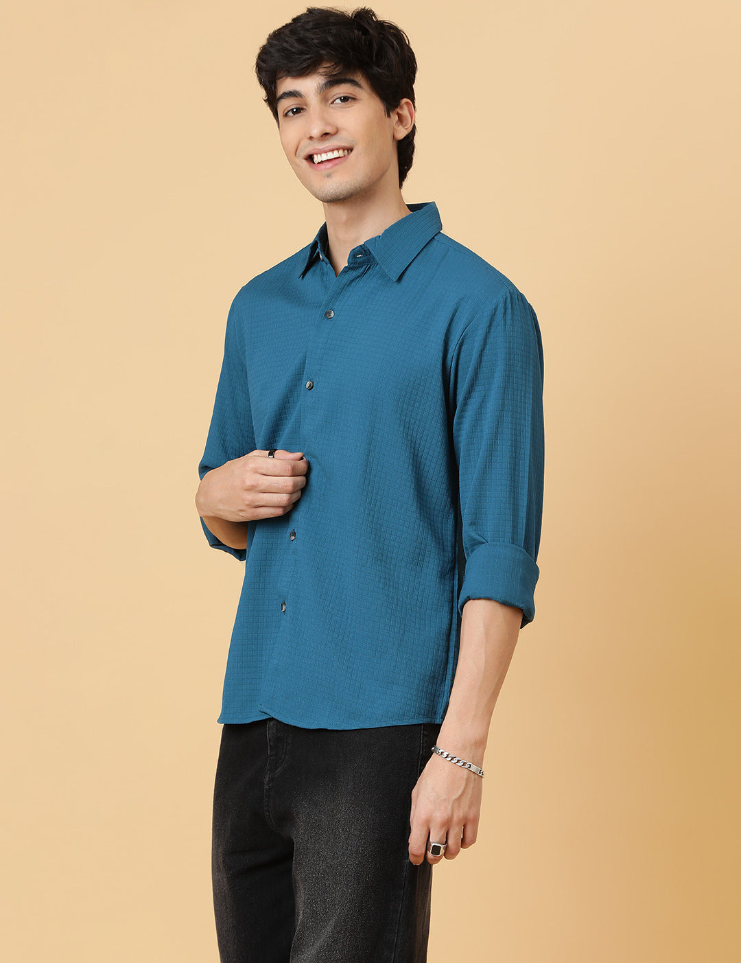 KOTTY Men Self Design Casual Blue Shirt 