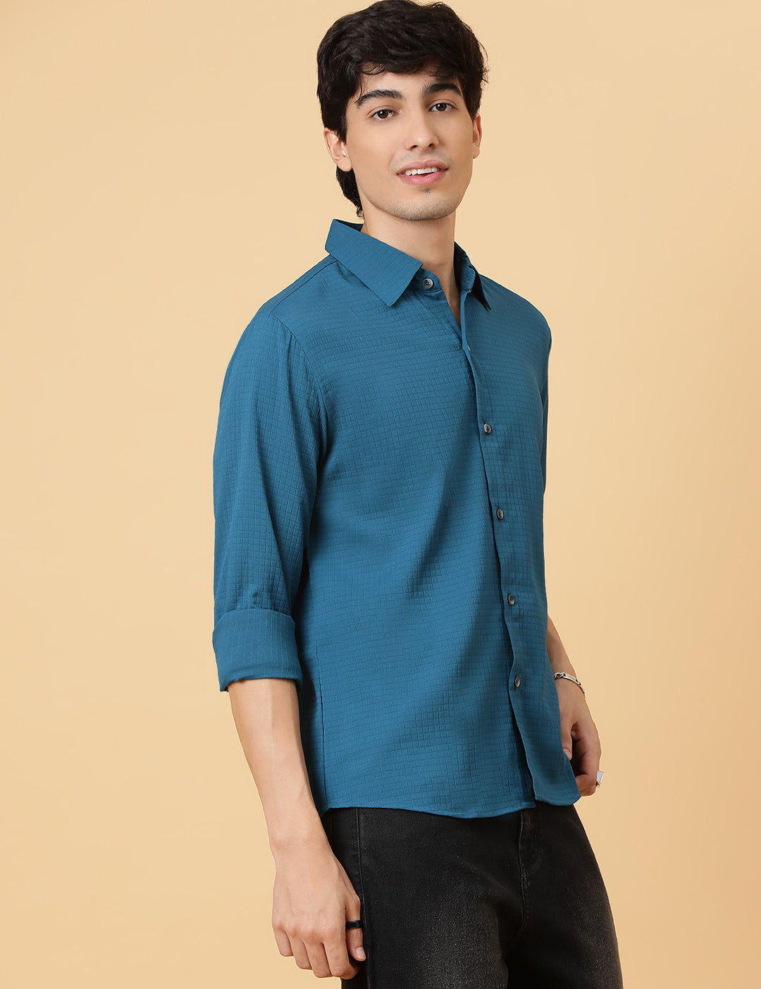 KOTTY Men Self Design Casual Blue Shirt 